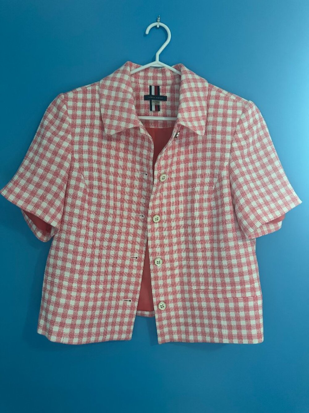 Tommy Hilfiger Pink and White Gingham Short Sleeve Blazer